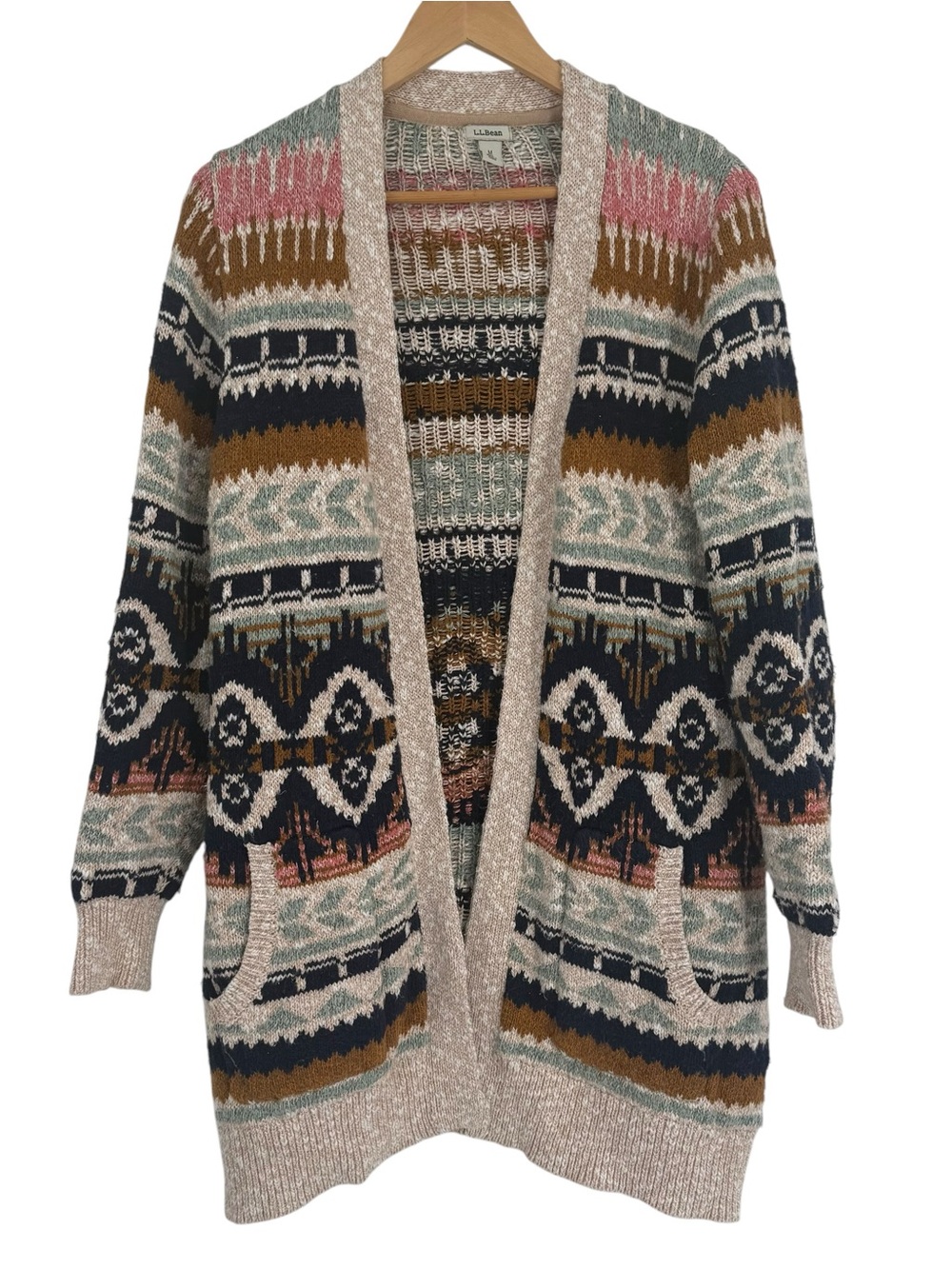LL Bean Cotton Rag Fair Isle Open Cardigan Sweater Womens Size M Longline Heavy